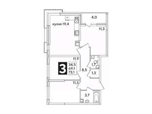 3-к квартира, вторичка, 73м2, 3/16 этаж