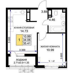 1-к квартира, строящийся дом, 35м2, 16/18 этаж