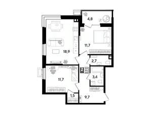 2-к квартира, вторичка, 64м2, 9/18 этаж