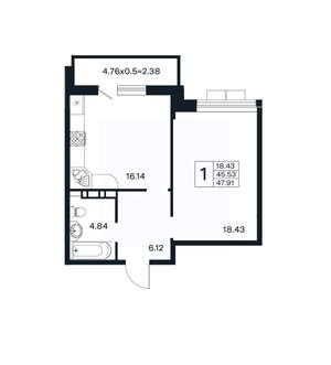 1-к квартира, вторичка, 48м2, 5/12 этаж