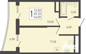 1-к квартира, строящийся дом, 46м2, 22/24 этаж