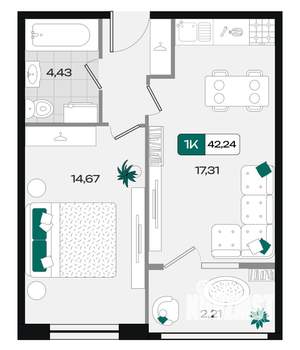 1-к квартира, вторичка, 42м2, 2/9 этаж
