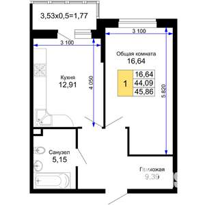 1-к квартира, вторичка, 46м2, 4/15 этаж