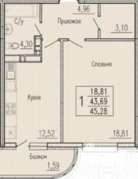 1-к квартира, вторичка, 48м2, 7/24 этаж