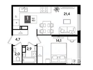 1-к квартира, вторичка, 45м2, 13/16 этаж