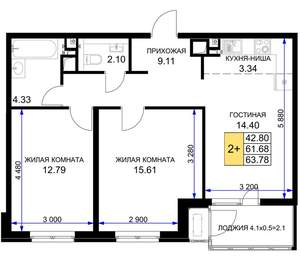 2-к квартира, вторичка, 64м2, 7/16 этаж