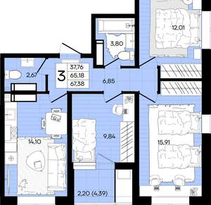 3-к квартира, вторичка, 67м2, 4/18 этаж