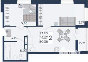 2-к квартира, вторичка, 50м2, 3/18 этаж
