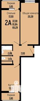 2-к квартира, вторичка, 65м2, 20/22 этаж