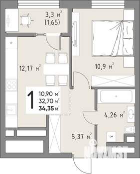 1-к квартира, вторичка, 34м2, 5/15 этаж