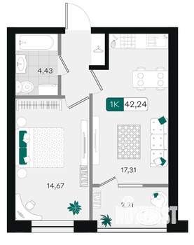 1-к квартира, вторичка, 42м2, 2/9 этаж
