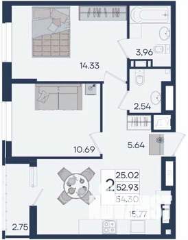 2-к квартира, вторичка, 54м2, 18/18 этаж