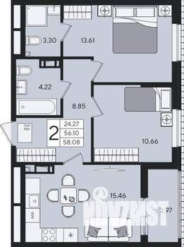 2-к квартира, вторичка, 58м2, 6/9 этаж
