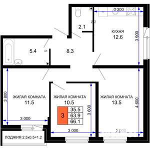 3-к квартира, вторичка, 66м2, 2/16 этаж