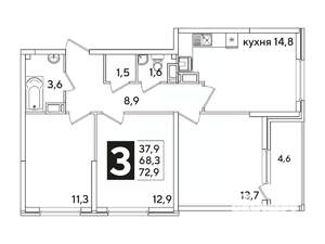 3-к квартира, вторичка, 73м2, 12/16 этаж