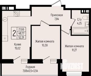 2-к квартира, вторичка, 52м2, 10/15 этаж