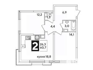 2-к квартира, вторичка, 61м2, 12/16 этаж