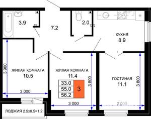 3-к квартира, строящийся дом, 56м2, 2/16 этаж