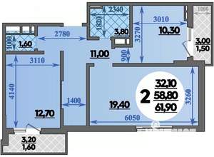 2-к квартира, вторичка, 62м2, 14/22 этаж