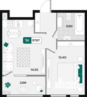 1-к квартира, вторичка, 38м2, 18/18 этаж