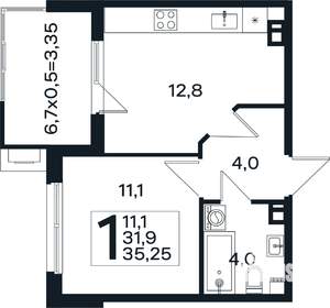 1-к квартира, вторичка, 35м2, 4/4 этаж