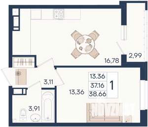 1-к квартира, вторичка, 39м2, 13/18 этаж
