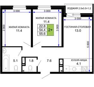 2-к квартира, вторичка, 56м2, 3/16 этаж