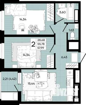 2-к квартира, вторичка, 59м2, 15/18 этаж