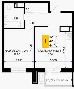 1-к квартира, вторичка, 44м2, 10/16 этаж