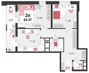 2-к квартира, вторичка, 64м2, 18/24 этаж