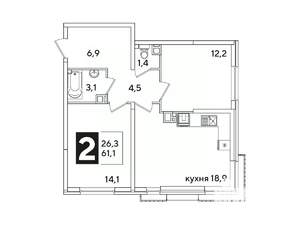 2-к квартира, вторичка, 61м2, 6/16 этаж