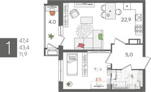 1-к квартира, вторичка, 47м2, 12/24 этаж