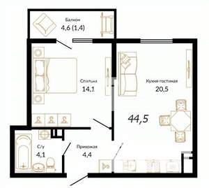 1-к квартира, вторичка, 45м2, 6/15 этаж