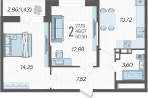 2-к квартира, вторичка, 51м2, 13/16 этаж