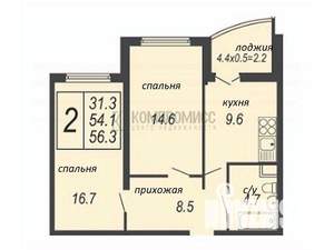 2-к квартира, вторичка, 57м2, 14/16 этаж