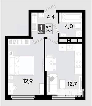 1-к квартира, строящийся дом, 34м2, 11/16 этаж