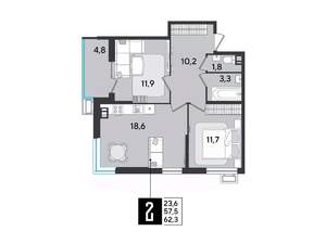 2-к квартира, строящийся дом, 62м2, 6/9 этаж