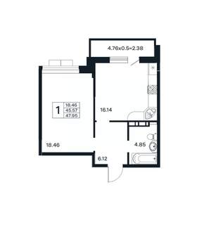 1-к квартира, вторичка, 48м2, 4/12 этаж