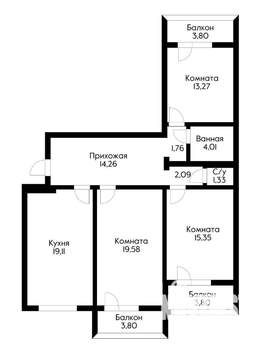 3-к квартира, вторичка, 91м2, 10/16 этаж