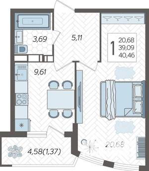 1-к квартира, вторичка, 41м2, 3/20 этаж