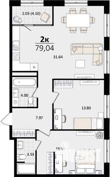 2-к квартира, строящийся дом, 77м2, 14/16 этаж
