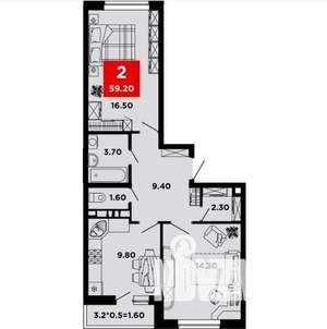 2-к квартира, вторичка, 59м2, 13/14 этаж