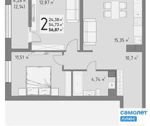 2-к квартира, вторичка, 57м2, 12/15 этаж