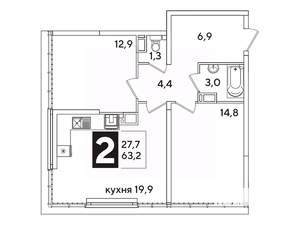 2-к квартира, вторичка, 63м2, 16/16 этаж