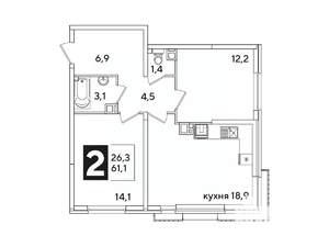 2-к квартира, вторичка, 61м2, 3/16 этаж