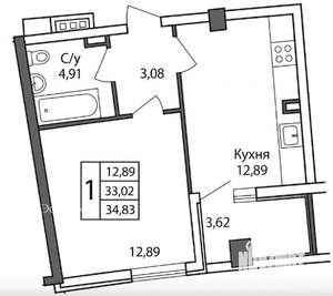 1-к квартира, вторичка, 35м2, 6/16 этаж