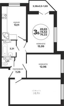3-к квартира, вторичка, 76м2, 23/24 этаж