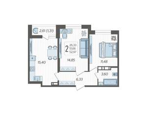 2-к квартира, вторичка, 53м2, 12/12 этаж