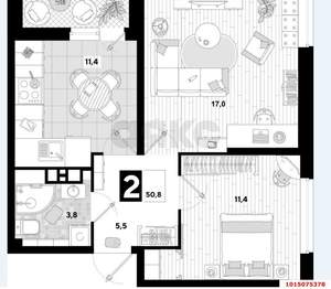 2-к квартира, вторичка, 53м2, 5/16 этаж