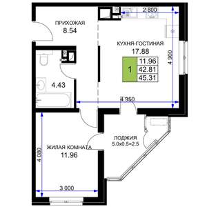 1-к квартира, вторичка, 45м2, 9/16 этаж